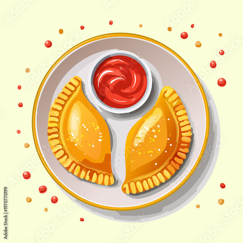 Savory fried pastries served with red tomato sauce for a delicious snack or appetizer platter design - Vector Illustration
