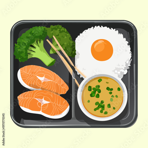 Healthy bento box lunch with grilled salmon rice broccoli and soup for balanced meal design concept - Vector Illustration