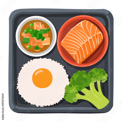 Complete bento box meal with grilled salmon rice and vegetables for healthy and tasty lunch design - Vector Illustration