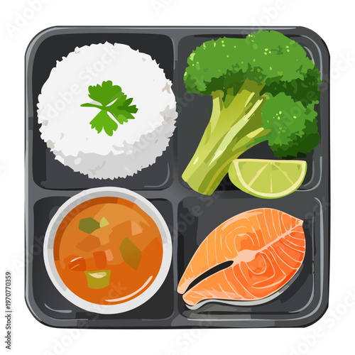 Japanese bento box with salmon fillet rice and vegetables for a nutritious and healthy lunch meal - Vector Illustration
