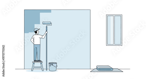 Professional Painter or Handyman Painting Interior Wall with Roller Brush - Home Renovation and DIY Decorating Concept Illustration