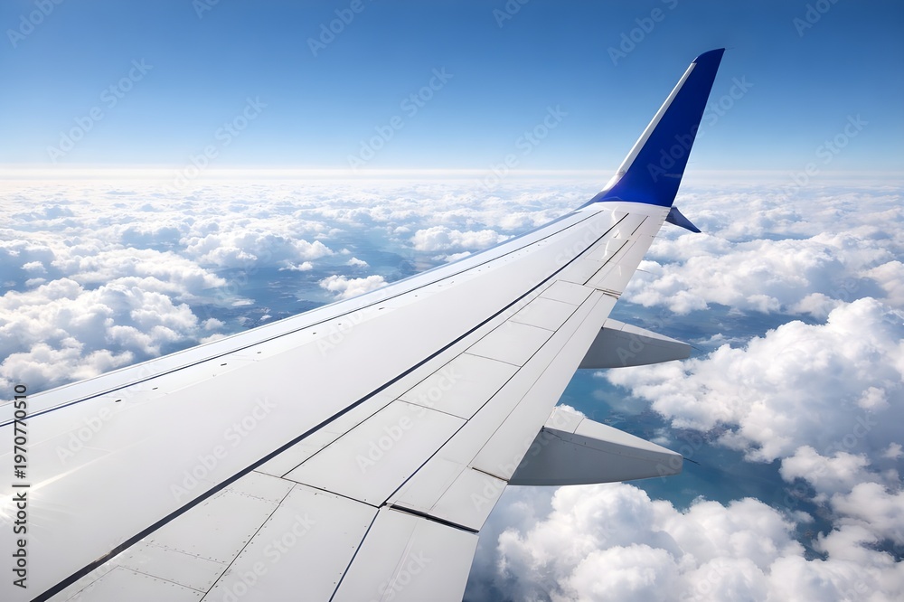 Obraz premium An airplane wing soars above a vast layer of fluffy white clouds against a bright blue sky, capturing the essence of high-altitude air travel.