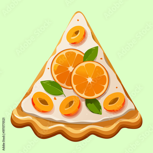 Sweet citrus fruit pizza piece with orange slices and mint for refreshing summer dessert and bakery menu - Vector Illustration