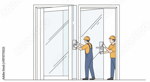 Two professional construction workers in safety helmets and overalls installing large glass doors, home renovation and commercial maintenance service illustration.