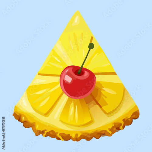 Tropical fruit pizza slice with pineapple and cherry for sweet summer snack and delicious pastry menu design - Vector Illustration