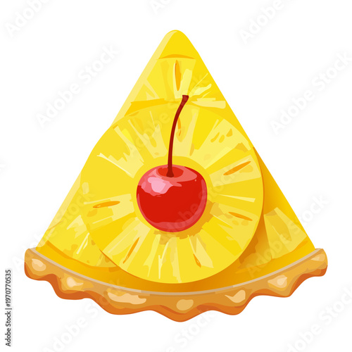 Sweet pineapple dessert pizza wedge with a red cherry on top for tropical flavor and bakery shop - Vector Illustration