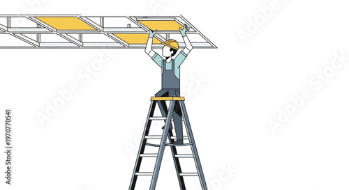Professional Construction Worker Installing Suspended Ceiling Tiles on a Ladder, Flat Vector Illustration for Maintenance and Renovation
