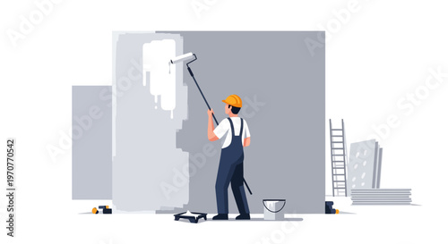 Professional House Painter with Paint Roller Painting Interior Wall, Renovation and Home Improvement Concept, Minimalist Flat Vector Illustration