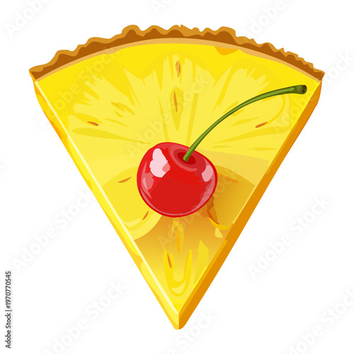 Pineapple and cherry sweet pizza piece with yellow base for tropical dessert lovers and bakery shop graphics - Vector Illustration