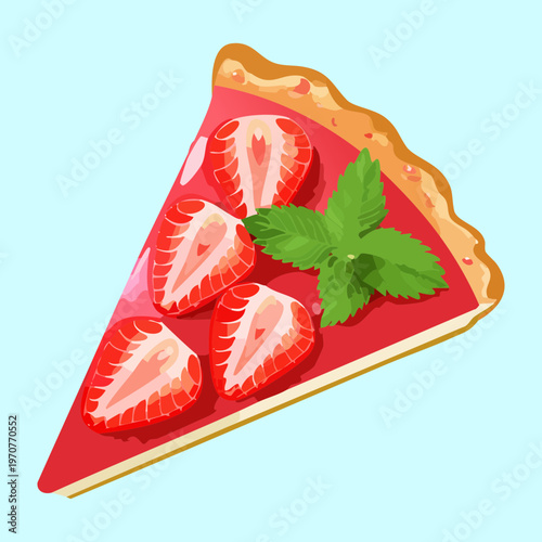 Strawberry fruit tart piece with creamy base and fresh mint for sweet dessert and healthy fruit treat - Vector Illustration