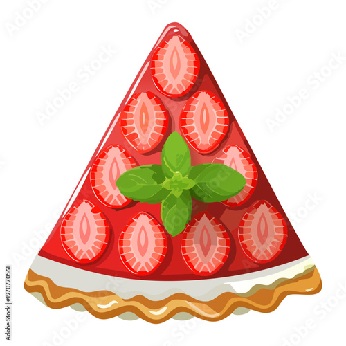 Delicious strawberry cheesecake wedge with fresh berries and mint for elegant dessert and pastry shop menu design - Vector Illustration