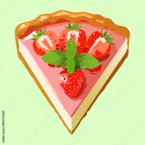 Fresh strawberry tart slice with mint leaves and creamy filling for summer dessert and gourmet bakery shop - Vector Illustration