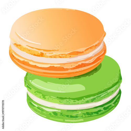 Stack of colorful macarons in orange and green for sweet french pastry and delicious bakery shop treats - Vector Illustration