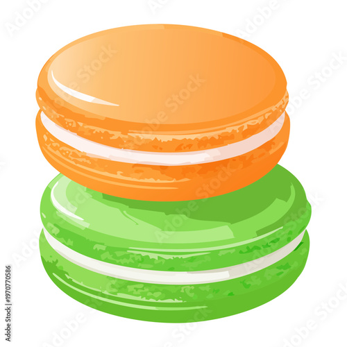 Vibrant orange and green macarons stacked for delicious dessert and french pastry shop menu illustration elements - Vector Illustration
