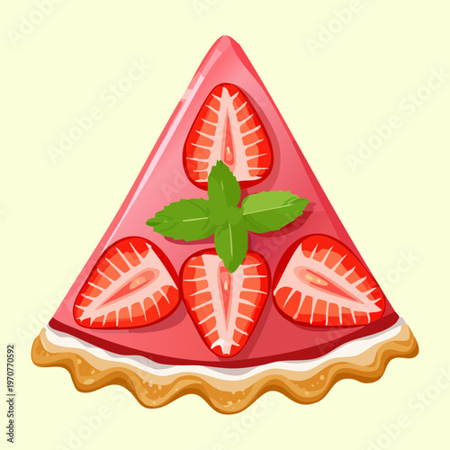 Sweet strawberry tart slice with red berries and green mint for colorful dessert and bakery shop advertising - Vector Illustration