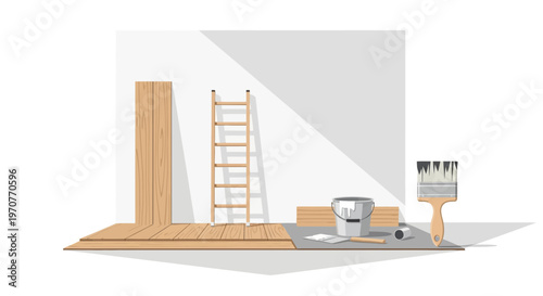 Home renovation and interior repair concept with construction tools, ladder, and wooden floor installation on white background