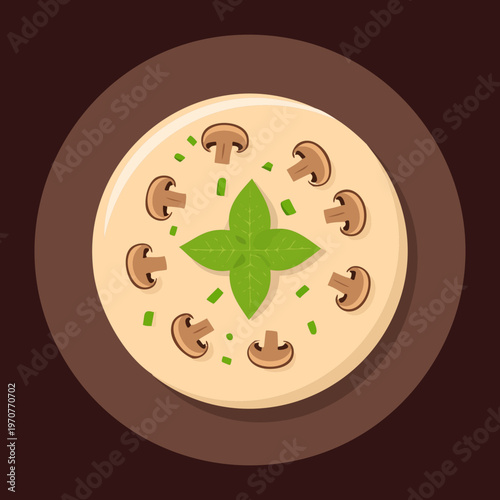 Creamy mushroom soup with fresh seasonings for healthy dinner and nutritious warm meal prep food illustration graphics - Vector Illustration