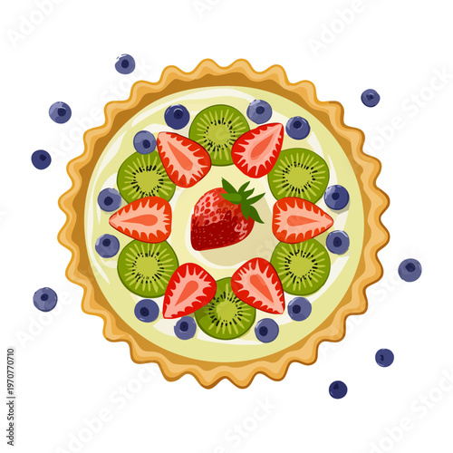 Fresh berry and kiwi tart with creamy base for healthy dessert and gourmet bakery shop menu items - Vector Illustration