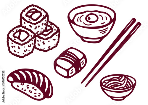 Japanese Food Doodle Illustration Set – Hand Drawn Sushi Rolls, Nigiri, Ramen Bowl, Chopsticks, and Traditional Cuisine Icons in Minimal Line Art Style, Isolated on Transparent Background, High Resolu