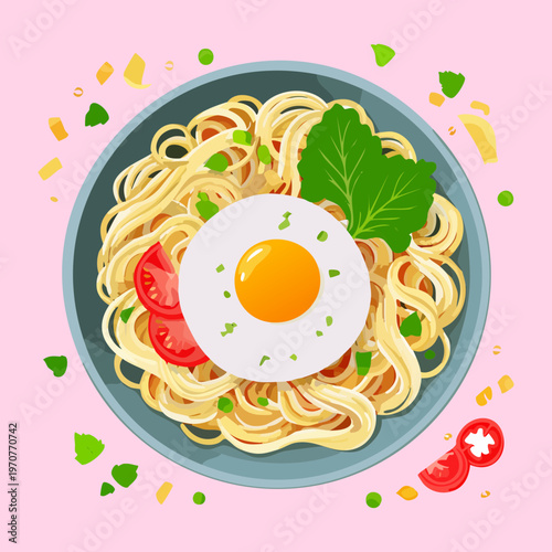 Healthy spaghetti meal with egg and fresh garnish for nutritious dinner and organic food blog menu graphics - Vector Illustration