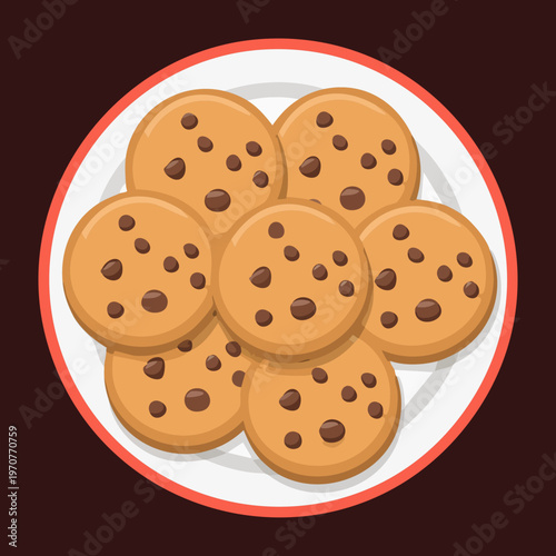 Plate of chocolate chip cookies for sweet snack and delicious bakery shop dessert menu illustration items set - Vector Illustration