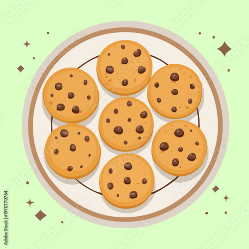 Freshly baked chocolate chip cookies for sweet snack and delicious dessert shop menu illustration elements graphics set - Vector Illustration