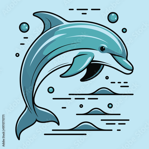 Dolphin Leaping Above Underwater Waves Stylized Aquatic Mammal Illustration Marine Life Clean Vector Art