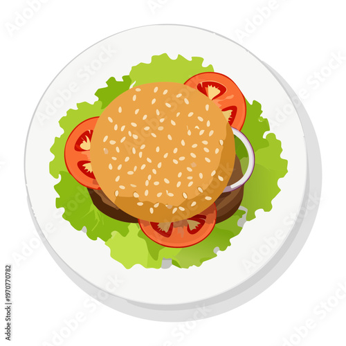Classic hamburger with fresh lettuce and tomato slices for tasty dinner and fast food restaurant menu illustration - Vector Illustration
