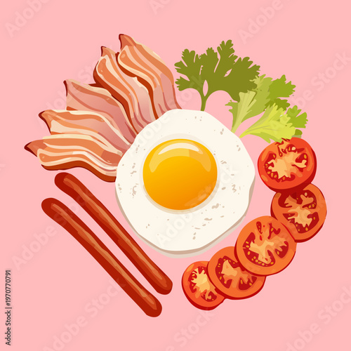 Healthy morning meal with fried egg sausages and fresh salad for nutritious breakfast and restaurant menu items - Vector Illustration