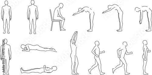 Minimalist human body posture icons, black outline vector set of people in various positions, ergonomic movement and physical therapy exercise diagrams