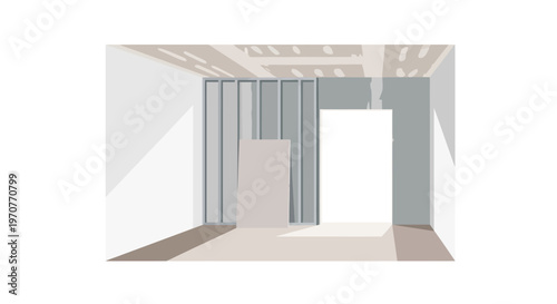 Minimalist Vector Illustration of an Interior Room Under Construction with Metal Studs and Drywall Panels