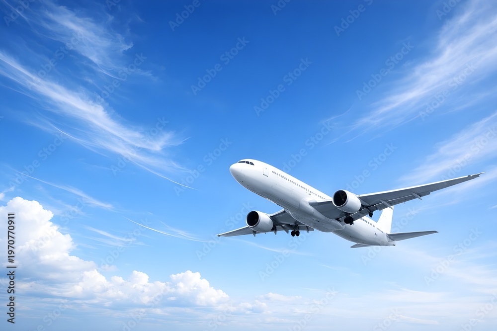 Naklejka premium A large white commercial airliner soaring through a clear blue sky filled with wispy cirrus and fluffy cumulus clouds.