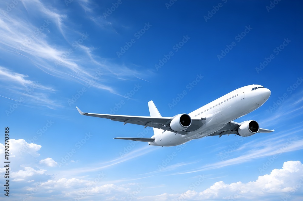 Naklejka premium A large white passenger airplane climbs steeply into a bright blue sky filled with wispy and fluffy white clouds.