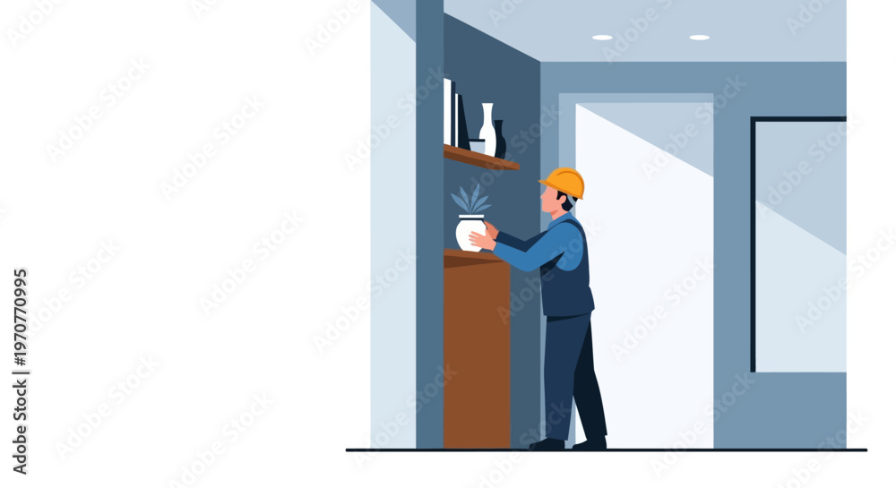 Fototapeta premium Professional Handyman in Hard Hat Placing Decor on Shelf in Modern Interior - Home Renovation and Maintenance Vector Illustration