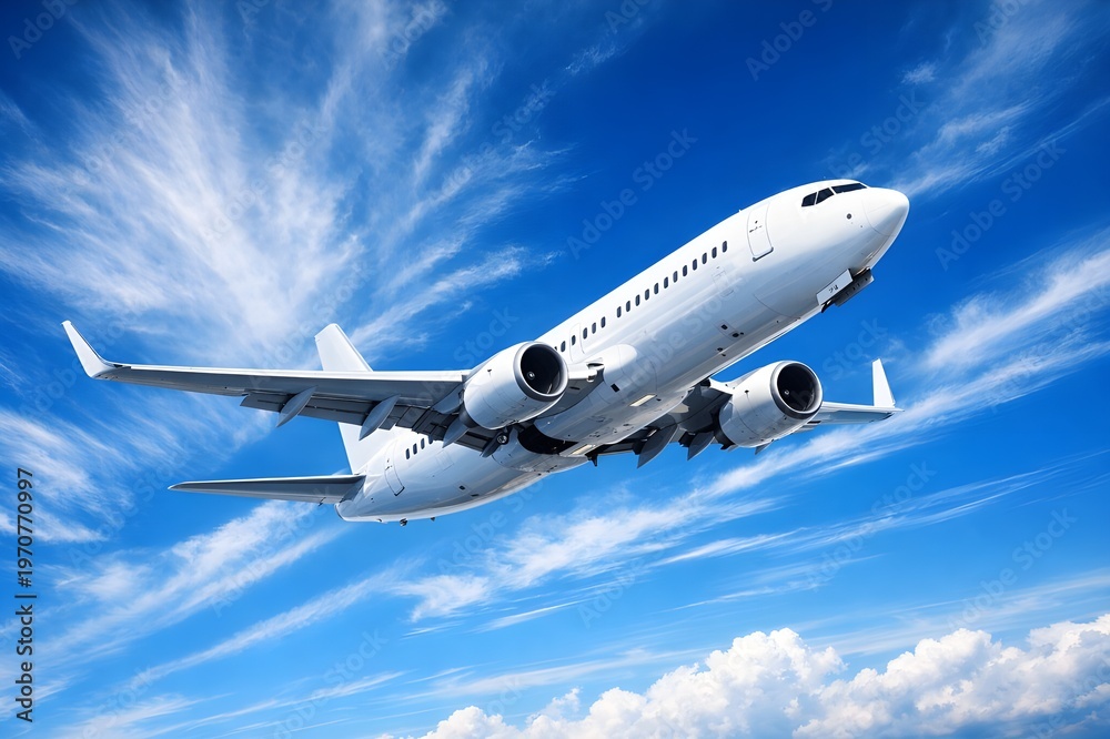Fototapeta premium A white commercial airplane flying through a bright blue sky filled with wispy white clouds during a daytime flight.