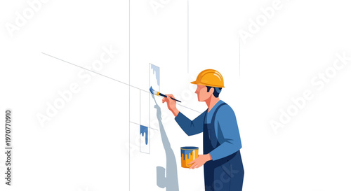 Professional Painter Worker in Hard Hat Painting White Wall with Brush and Bucket, Vector Illustration for Construction and Home Renovation Services