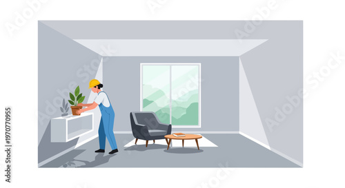 Professional Female Worker in Overalls Arranging Houseplants in Modern Minimalist Living Room Interior