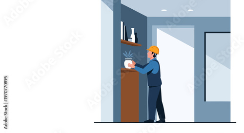 Professional Handyman in Hard Hat Placing Decor on Shelf in Modern Interior - Home Renovation and Maintenance Vector Illustration