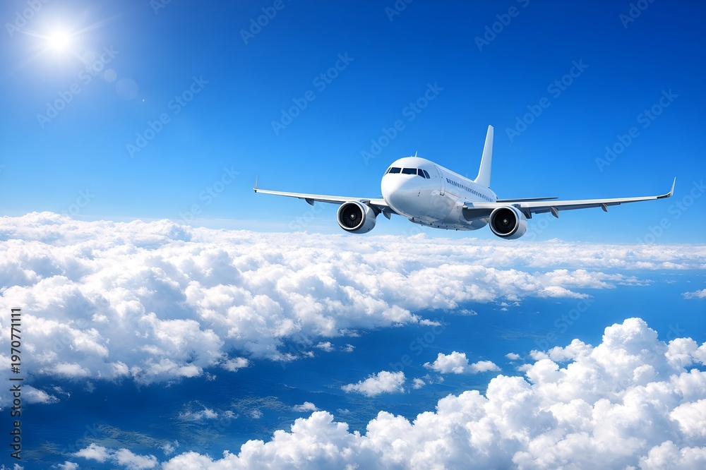 Fototapeta premium A large white commercial airplane soaring through a brilliant blue sky high above a dense layer of fluffy white clouds with the sun shining brightly.