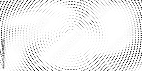 Halftone radial dotted background. Square dots comic gradient texture. Concentric fading gradation wallpaper. Black white rough grit overlay. Grunge gritty circular pop art cartoon backdrop. Vector