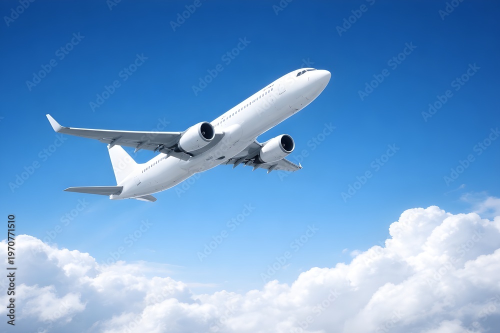 Obraz premium A sleek white commercial airplane climbing steeply through a brilliant blue sky, hovering above a soft layer of white clouds.