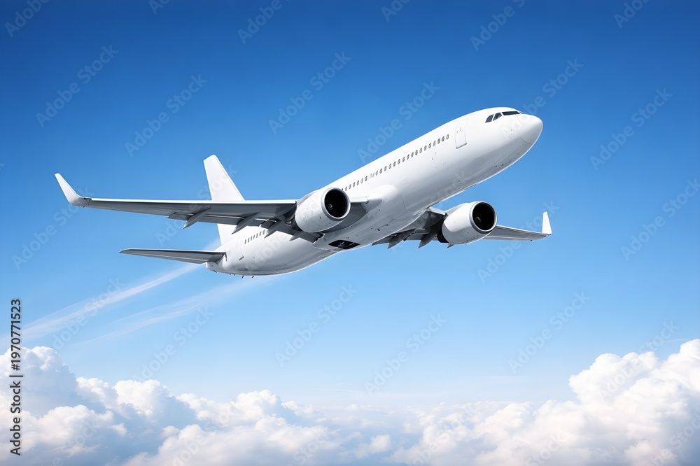 Obraz premium A white passenger jet soaring through a vibrant blue sky above a layer of fluffy white clouds, capturing the essence of air travel and aviation.