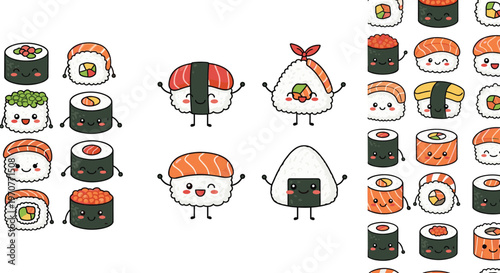 Cute Kawaii Sushi Cartoon Character Set with Different Japanese Food Rolls, Nigiri, Onigiri, and Smiling Faces for Kids Illustration and Sticker Design