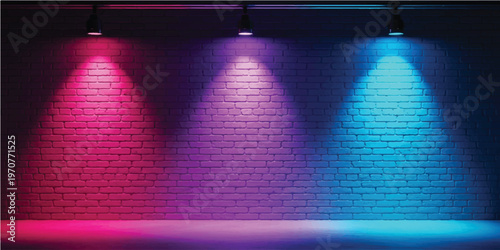Three spotlights casting vibrant pink purple and cyan blue light beams onto a textured dark gray brick wall background with a horizontal floor surface