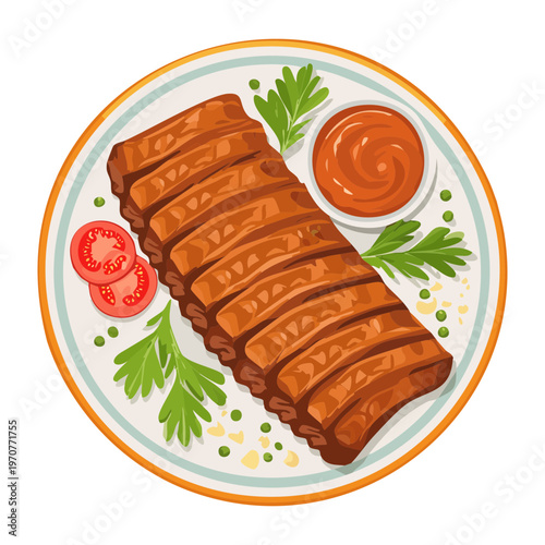 Braised short ribs with savory brown sauce and fresh garnish served on a white plate for elegant dining - Vector Illustration