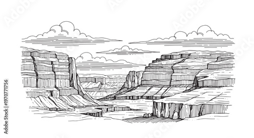 Grand canyon vista with layered rock formations and clouds, detailed hand drawn sketch of western desert gorge.