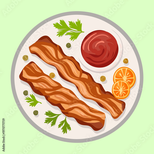 Two pieces of crispy fried bacon served with tomato sauce and herbs on a white plate for breakfast - Vector Illustration