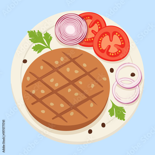 Grilled beef steak served on white plate with fresh tomato slices and onion rings for healthy delicious meal - Vector Illustration