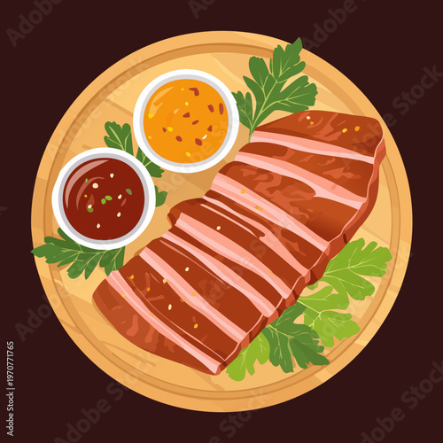 Premium sliced roast beef served with two types of dipping sauces on a rustic wooden platter for appetizers - Vector Illustration