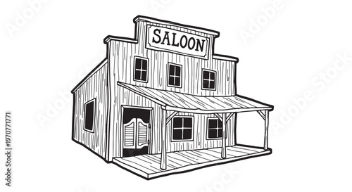 Historic western saloon building with porch and sign, detailed architectural sketch of a wild west tavern.